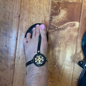 Black Sandals with Gold Logo Accent